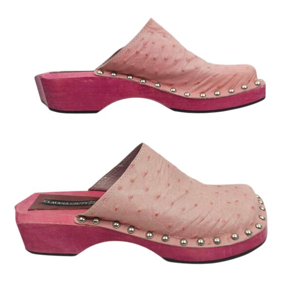 Claudia Ciuti Studded Clogs Mule Women US 6 EU 36 Pink Textured Ostrich Leather - Picture 12 of 16